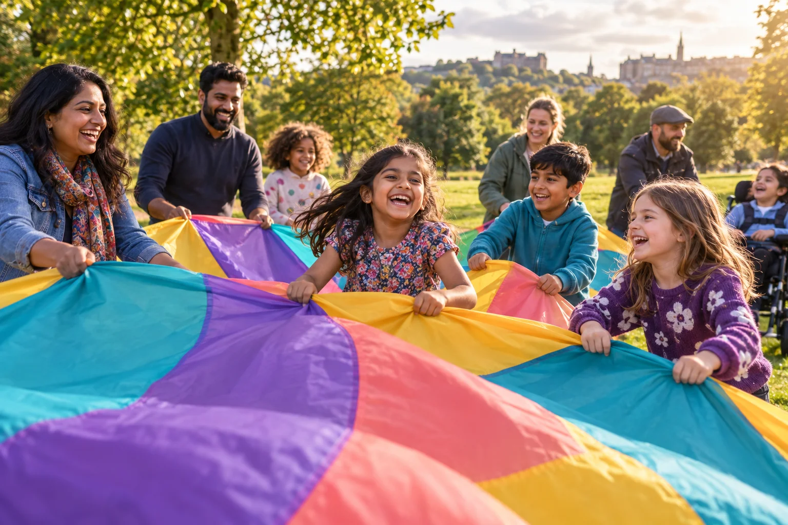 Illustrative families enjoying an outdoor activity
